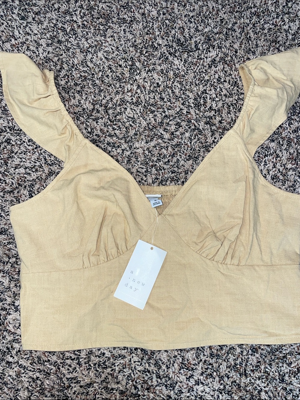 a new day Tan Ruffle Strap V‑Neck Crop Top Smocked Size M | NWT - Picture 3 of 5